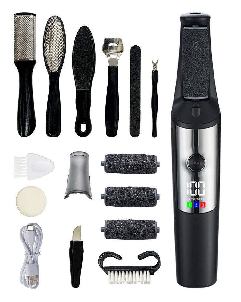 Electric Foot File, 12-in-1 Callus Remover for Feet, Rechargeable Waterproof Pedicure Tools with 3 Rollers & LED Light, 3-Speed Foot Care Kit for Dead Skin, Cracked Heels & Calluses for Smoother Feet